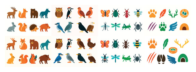 Fototapeta premium Colorful forest and insect icons set
