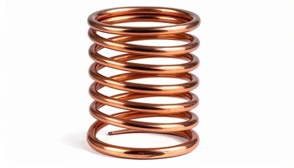 A polished copper coil with tightly wound loops gleams under soft light—evoking conductive elegance, engineered rhythm, and elemental precision in a close-up industrial composition.