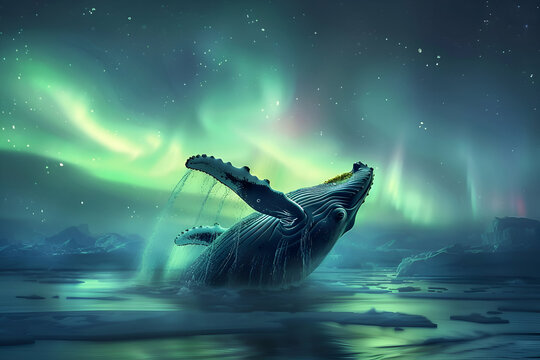 Majestic humpback whale breaching in polar waters beneath aurora borealis