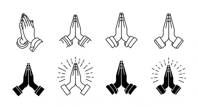 Diverse collection of praying hands and namaste gestures in various icon styles
