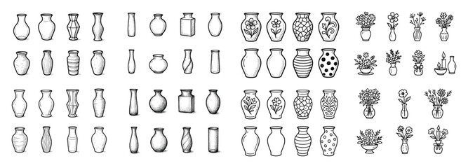 Hand-drawn vase collection with flowers