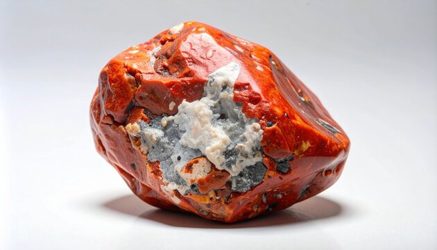 A red jasper stone with black and gray streaks rests under soft light&mdash;evoking elemental depth, geological rhythm, and mineral memory in a richly textured natural composition.