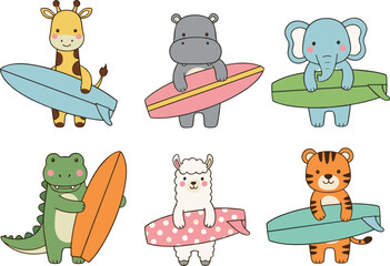 Fototapeta premium Set of cute animal surfers vector illustration, funny cartoon giraffe hippo elephant tiger and dinosaur with surfboards