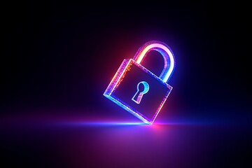 Neon glowing colorful padlock with keyhole on dark background