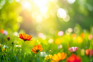 Obraz premium Beautiful spring meadow with colorful flowers and bokeh lights