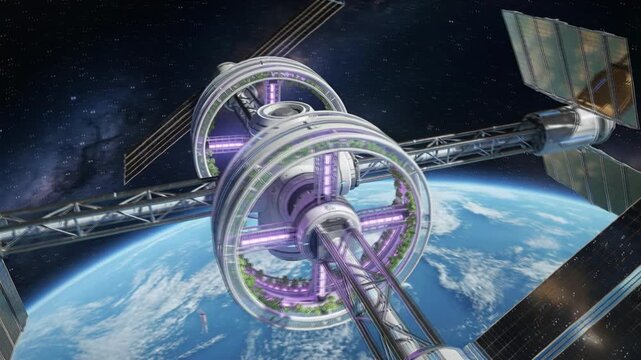 Spaceborne agricultural relay station orbiting a blue planet with glowing hydroponic rings, reflective solar arrays and cosmic light scattering, clean sci‑fi infrastructure, no people, no text.
