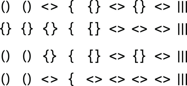 Programming symbols icon set with brackets braces parentheses angle signs and vertical bars for coding syntax designs