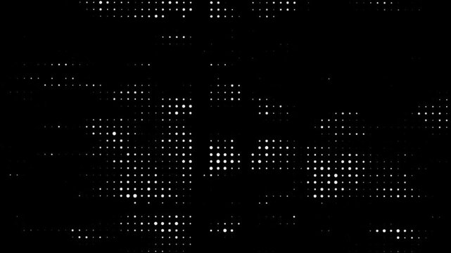 White dots on black background. Halftone texture animation. Randomly glowing dots. Bussines data and technology video effect.