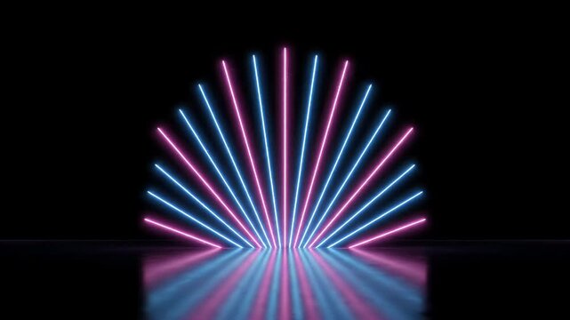 A striking half-circle array of vibrant pink and blue neon lights creates a mesmerizing fan shape, reflecting beautifully on a dark, polished surface.