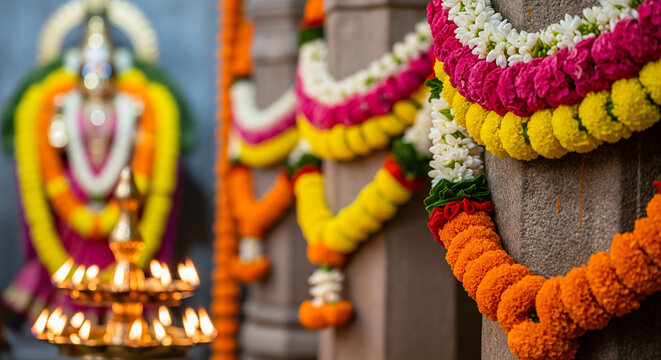 Traditional Indian floral garland toran made of marigold or zendu flower decorated temple or home. Happy Diwali festival, Pongal or Gudi Padwa. Decoration for Indian hindu holidays, ... See More See L