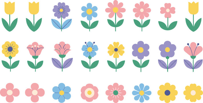 Set of cute colorful flowers vector illustration, simple spring floral icons collection for garden decoration and kids design