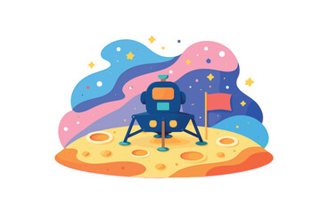 colorful flat vector space exploration still life layered cutout paper shapes single : lunar lander silhouette moon surface shapes flag shape blank dots clean 2D crisp edges no subtle