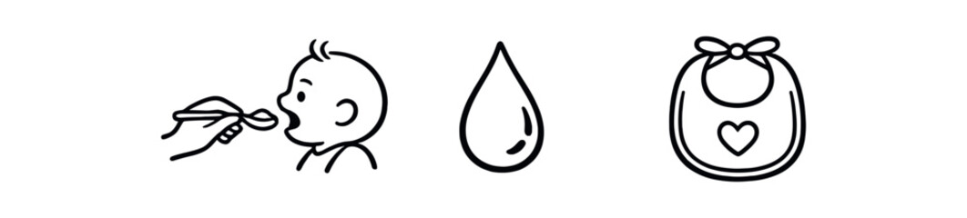 Obraz premium black and white outline first spoon feeding moment droplet of food bib icon
