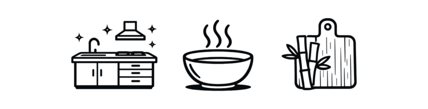 black and white outline clean kitchen bowl steam bamboo cutting board