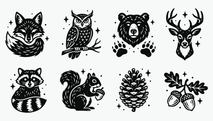 Vintage Woodcut Forest Animals and Nature Icon Set © 777SKYLABS