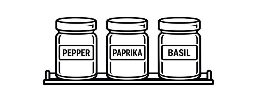 black and white outline spice jars line uniform labels narrow rack underneath