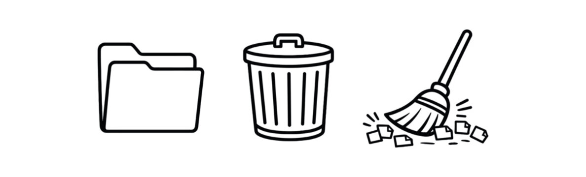 black and white outline digital folder icon trash can broom sweeping tiny files