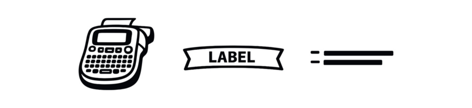 black and white outline label maker device tape strip two text lines abstract