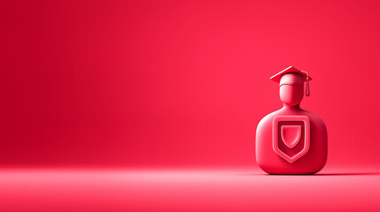 Obraz premium Education Insurance Concept: 3D Graduate Figure with Shield Icon on Red Background Copy Space