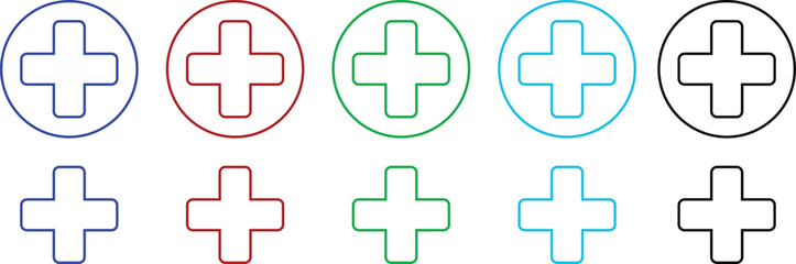 Obraz premium Medical plus icons set featuring healthcare cross symbols in flat and line style, isolated on transparent background, hospital emergency aid sign illustration collection and group