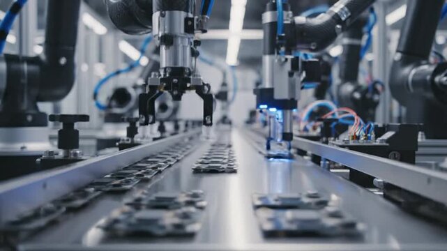 Close-up of an automated assembly line with robotic arms, metal trays, and blue-lit sensors in shop!
