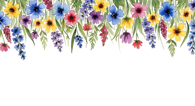 Vibrant watercolor floral border with colorful spring and summer flowers and foliage on white copy space.