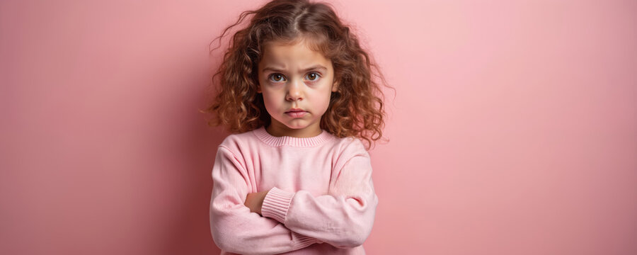 Little girl with curly hair arms crossed shows disapproval. Young child expresses frustration against pink backdrop. Kid looks unhappy making negative gesture, unhappy mood.
