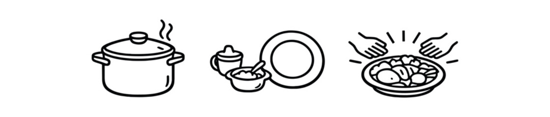 Obraz premium black and white outline family meal pot outline tiny baby bowl next to plate shared food concept