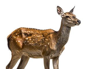 A close-up side-view of a graceful young female deer with spotted brown fur. It's set against a clean white background