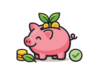 Fototapeta premium full color flat icon piggy bank with small green leaf sustainable mindful finances
