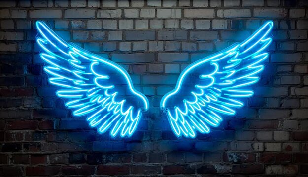 Blue neon angel wings mounted on brick wall, glowing LED wing design with detailed feathers, symmetrical pair of wings, textured brick background, 
bright even studio lighting illuminating entire sce