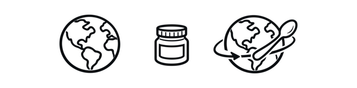 black and white outline outline of earth tiny jar spoon circulating around planet sustainable feeding