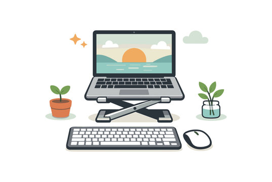 full color flat icon laptop on stand external keyboard and mouse with little leaf calm tidy workspace