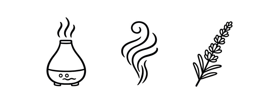black and white outline aroma diffuser outline steam swirl lavender sprig