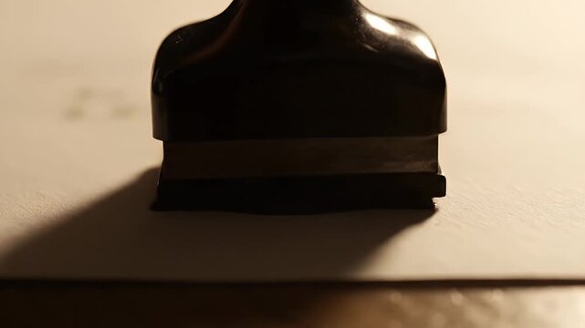 A close-up of a dark, heavy stamp casting a distinct shadow on a light-colored surface.