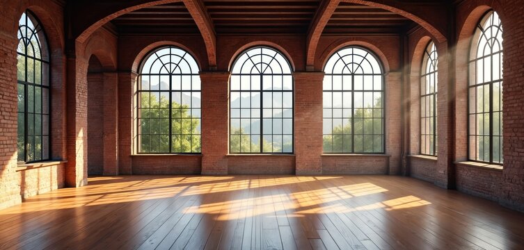 Sunlight streams through arched industrial windows onto polished wood floor. Spacious brick loft offers blank canvas for interior design, event space, creative studio. Open plan area view of green