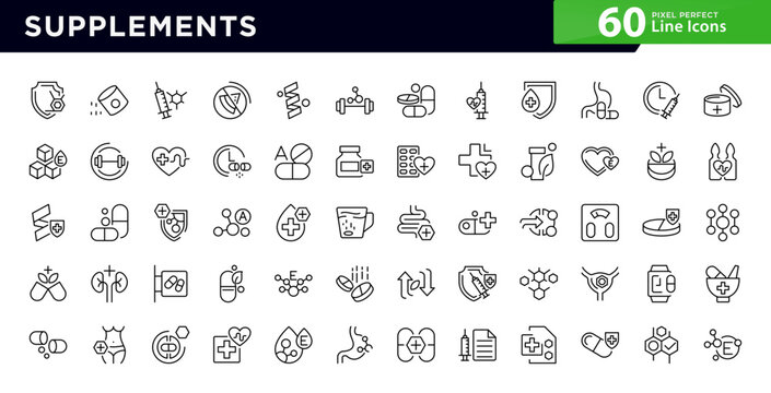 Supplements line icon collection. plasma, transfusion, awareness, centrifuge, bone, marrow, lab sample, natural probiotic, protein vector icon pack