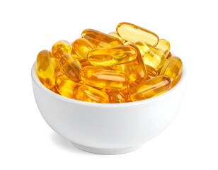 A close-up studio shot featuring a white bowl brimming with many transparent golden-hued softgel capsules