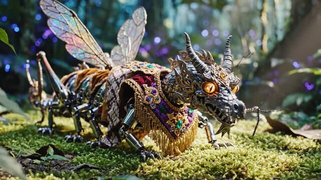 Row of ornate dragon statues wearing jeweled armor moves through a sunlit mossy garden beneath beams