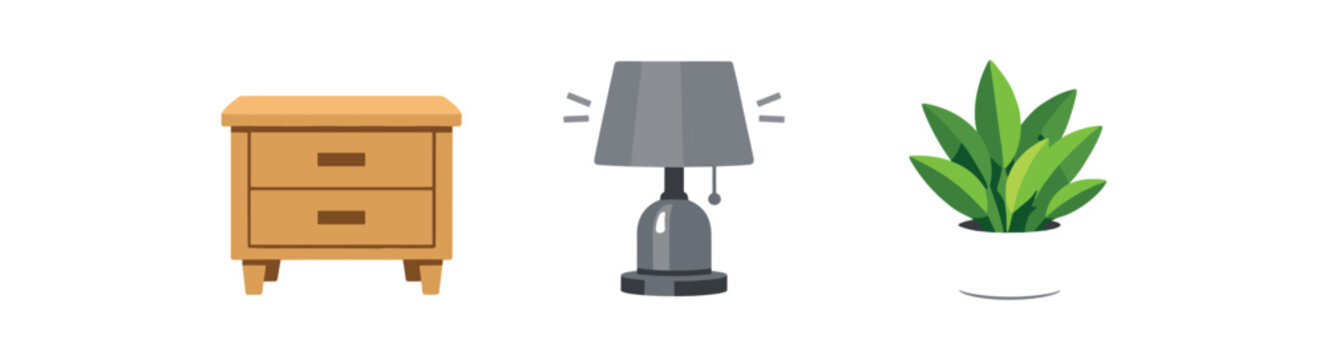 full color flat bedside table light wood lamp off icon gray minimal decor plant green