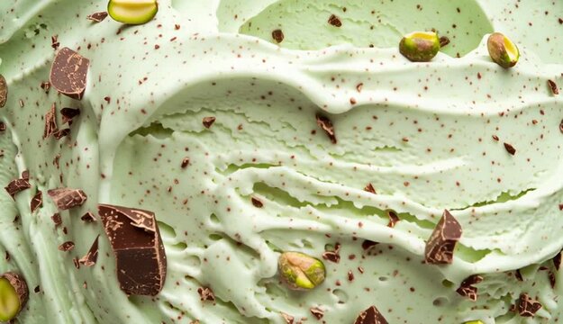 Close-up top view of light green pistachio ice cream with swirled creamy texture, decorated with whole cocoa beans, shelled and unshelled pistachios, chopped nuts, and small chocolate pieces scatter