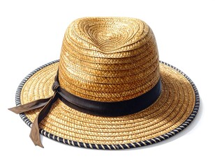 A close-up studio shot featuring a finely woven straw hat, a dark band, and a wide brim against a white backdrop