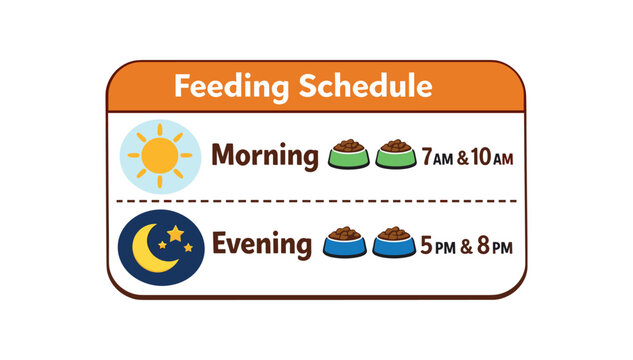 full color flat icon feeding schedule card with sun moon symbols and tiny bowl