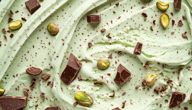 Close-up top view of light green pistachio ice cream with swirled creamy texture, decorated with whole cocoa beans, shelled and unshelled pistachios, chopped nuts, and small chocolate pieces scatter