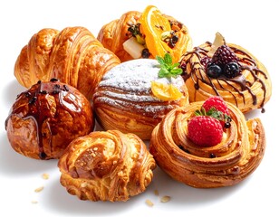 A close-up, studio shot featuring an assortment of golden-brown baked pastries with various toppings. They are arranged on a white backdrop