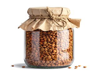 A close-up studio shot of a clear glass jar filled with brown, dried legumes. The jar is sealed with brown paper tied with twine