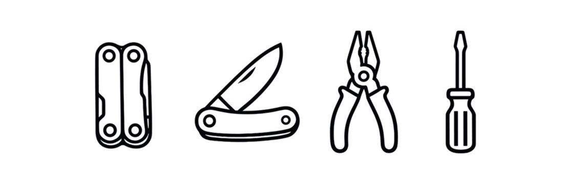 black and white outline multi tool folded knife pliers screwdriver minimal
