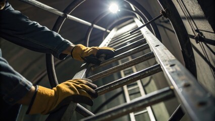 A close-up view of hands gripping a metal ladder, illuminated by overhead light, highlighting a sense of climb and ascent in a confined space.