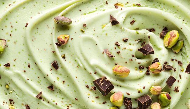 Close-up top view of light green pistachio ice cream with swirled creamy texture, decorated with whole cocoa beans, shelled and unshelled pistachios, chopped nuts, and small chocolate pieces scatter