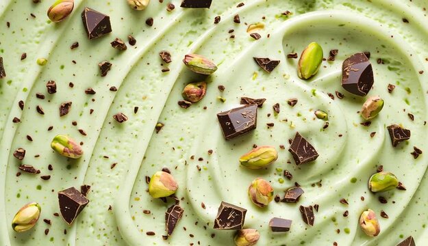 Close-up top view of light green pistachio ice cream with swirled creamy texture, decorated with whole cocoa beans, shelled and unshelled pistachios, chopped nuts, and small chocolate pieces scatter